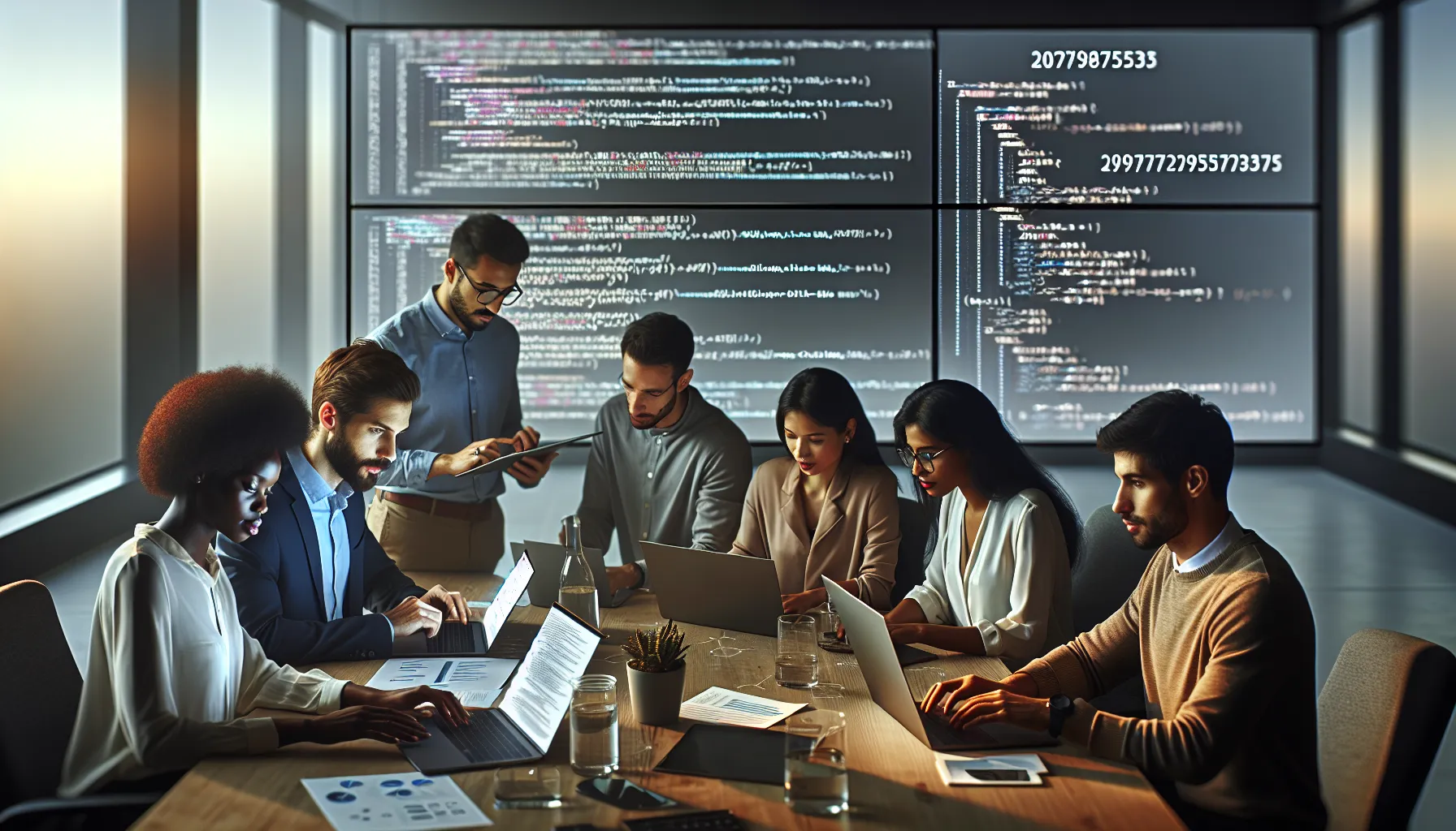 diverse team discussing technology and mathematics in a modern workspace.