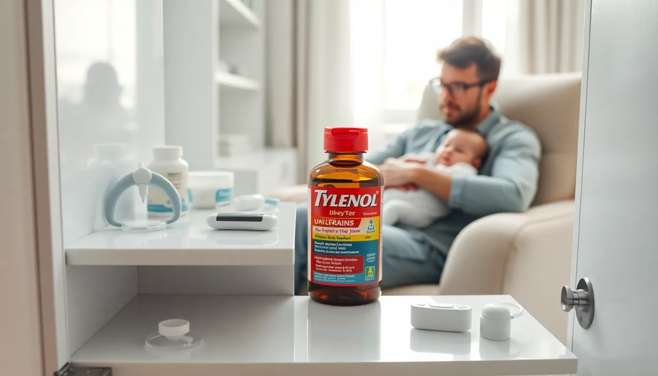 parent soothing a baby near a drug cabinet with Tylenol.