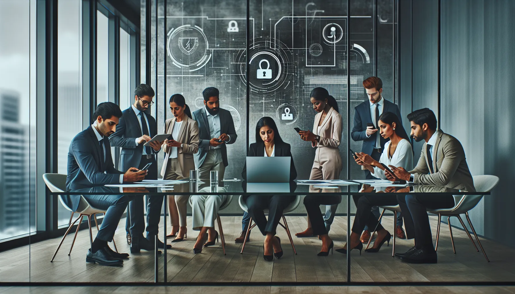 diverse professionals collaborating on phone number verification in an office.