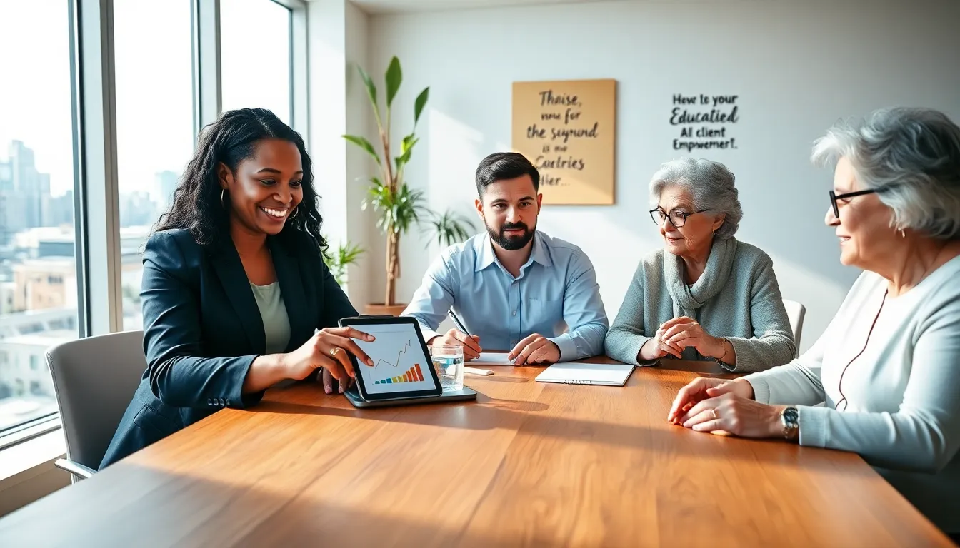 real estate professionals discussing market analysis in a modern office.
