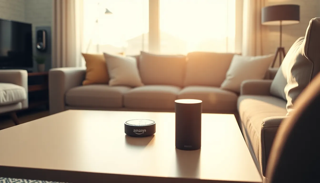 modern living room with smart home gadgets and cozy atmosphere.