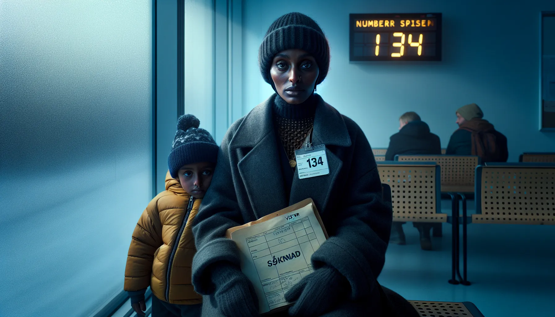 Somali-norwegian mother and son waiting anxiously in a oslo office.