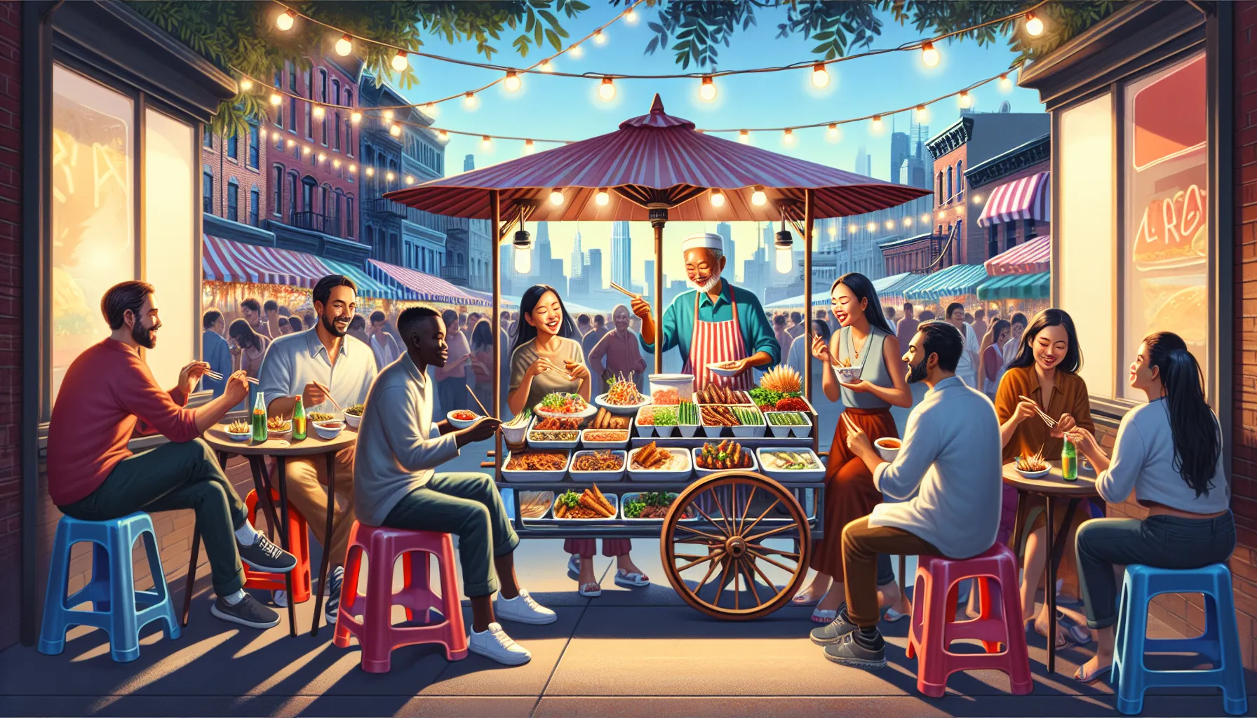 diverse group enjoying Thai street food outdoors in a lively setting.