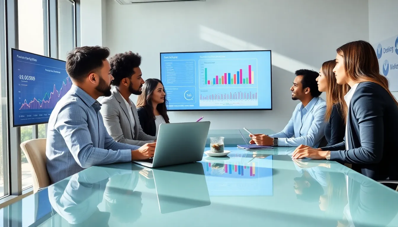 diverse marketing team collaborating on social media strategies in an office.