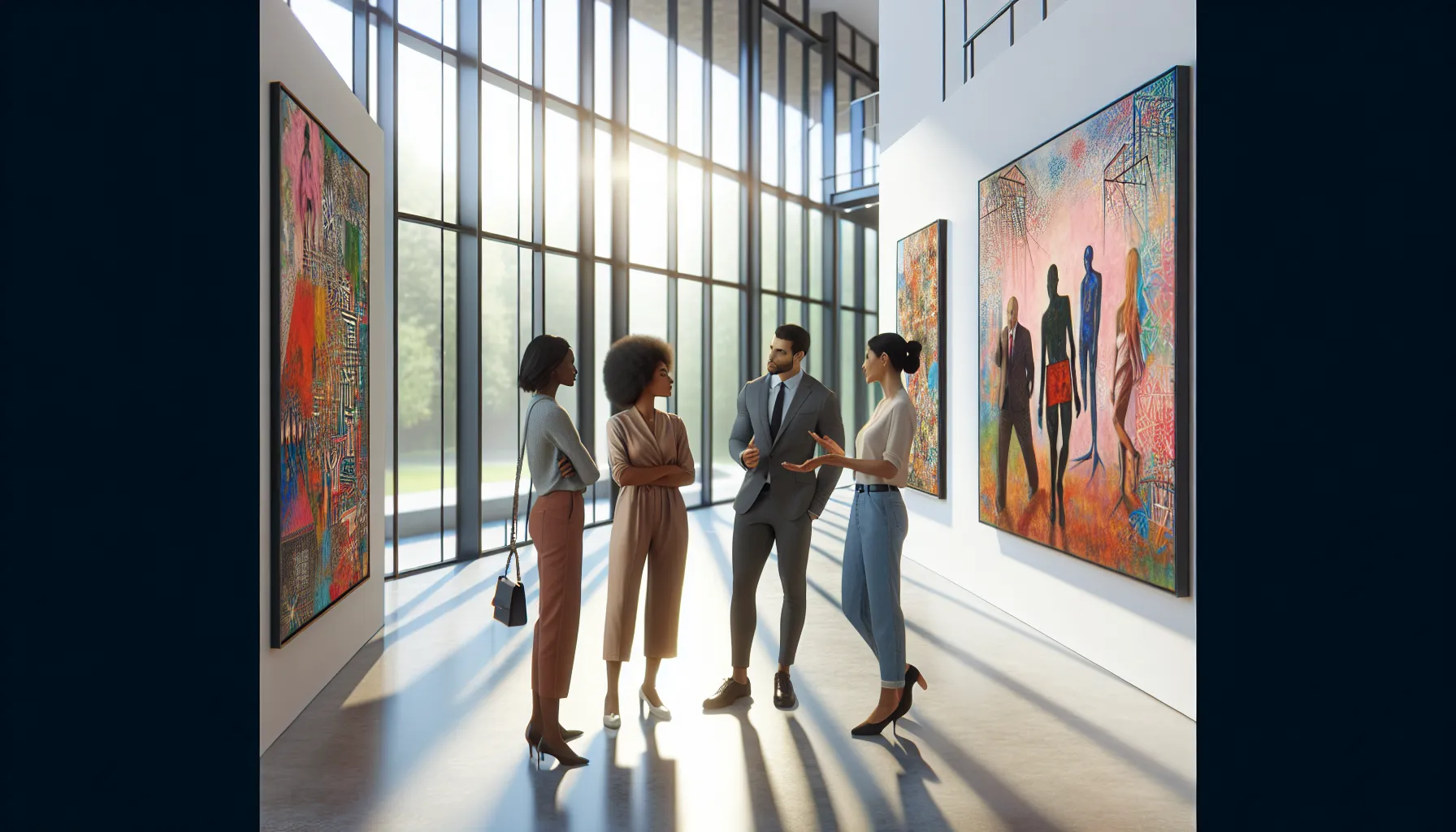 diverse group discussing Arcyart's vibrant paintings in a modern gallery.