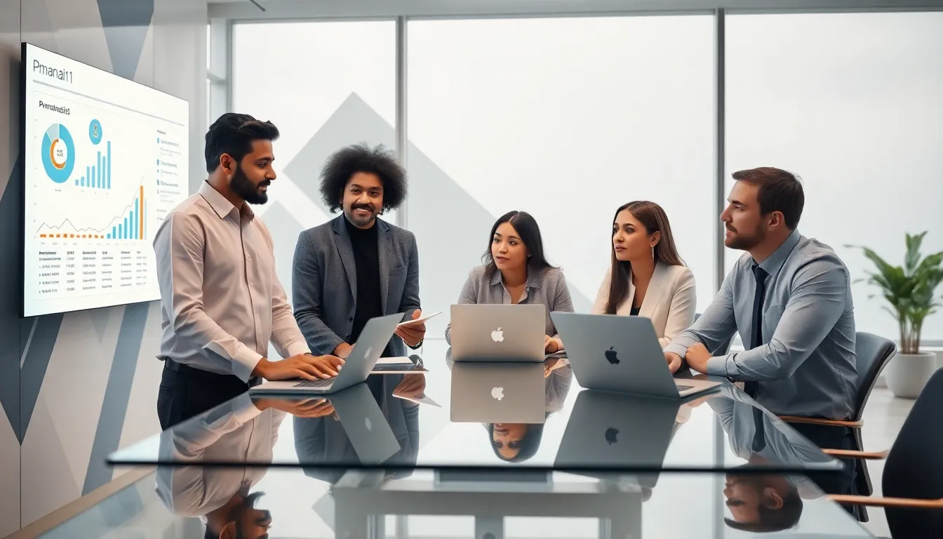 diverse team discussing Pmanai91 in a modern office.