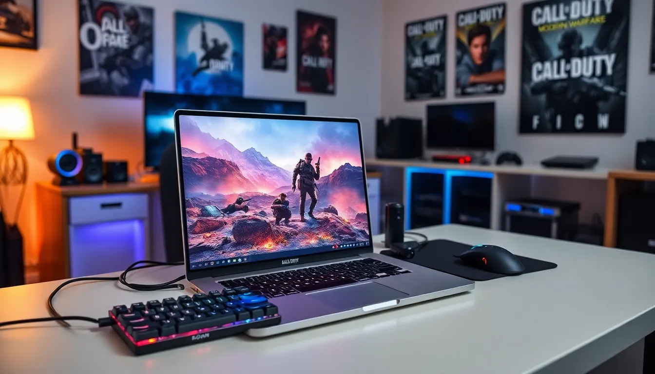 gaming setup with a MacBook showing Call of Duty gameplay.