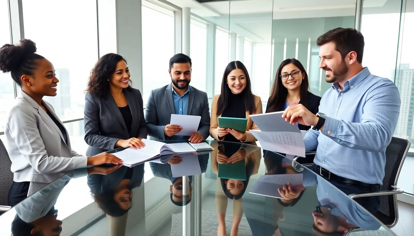 diverse group discussing FHA loans in a modern office.