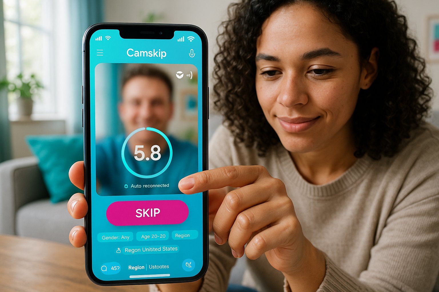 Person tapping a Camskip app skip button on phone showing pairing and video quality.