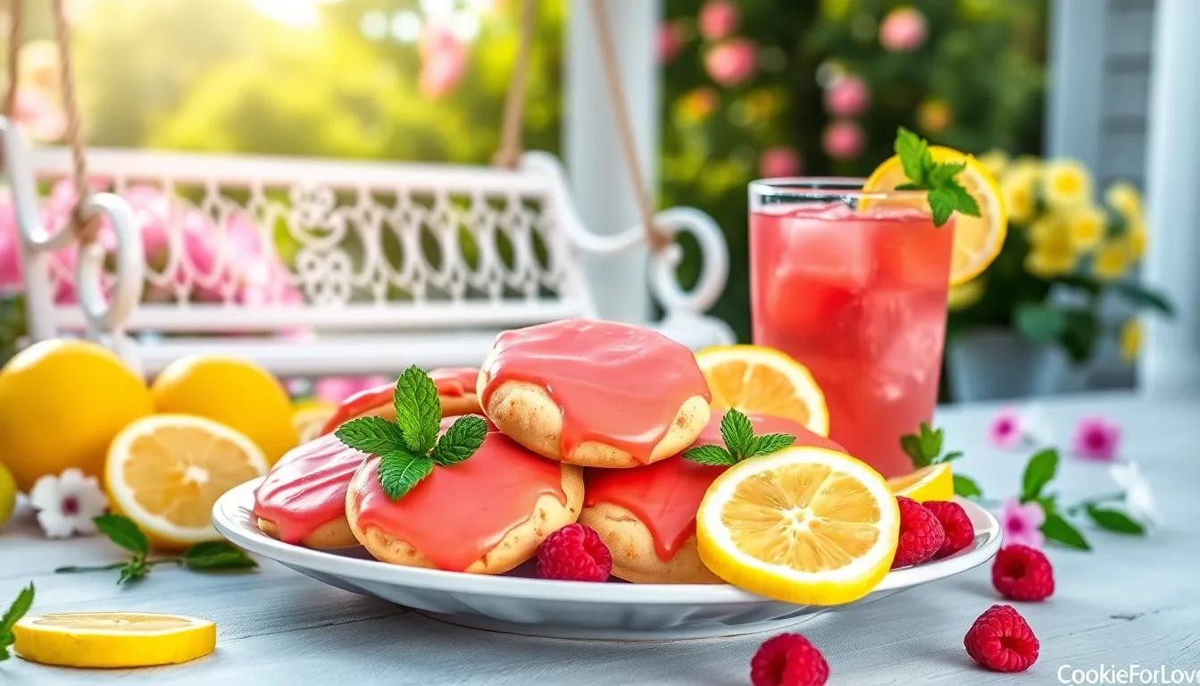 A plate of raspberry lemonade cookies with a glass of lemonade.