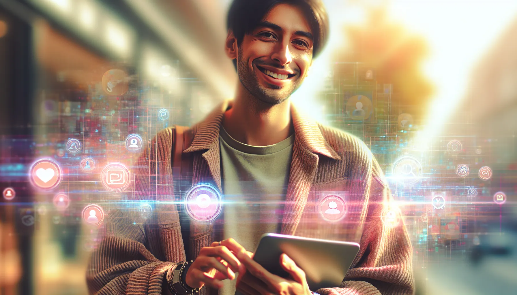 portrait of a charismatic digital persona in a vibrant online setting.