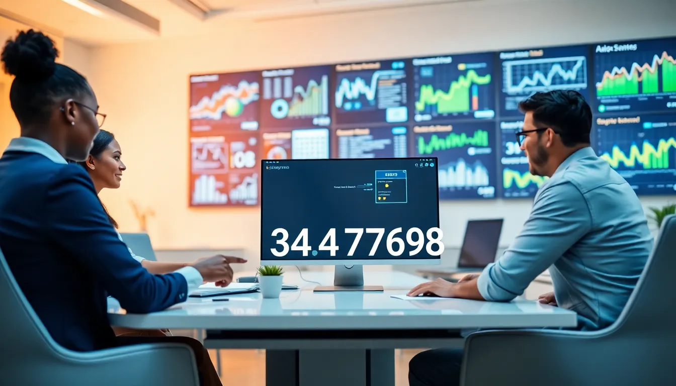 diverse professionals collaborating over digital data displays.