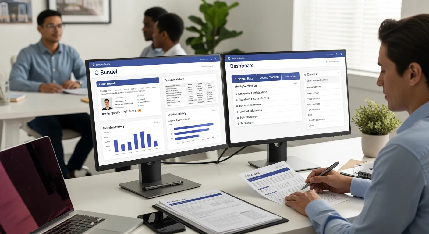 Property manager reviews multiple tenant background reports on screens in a modern office.