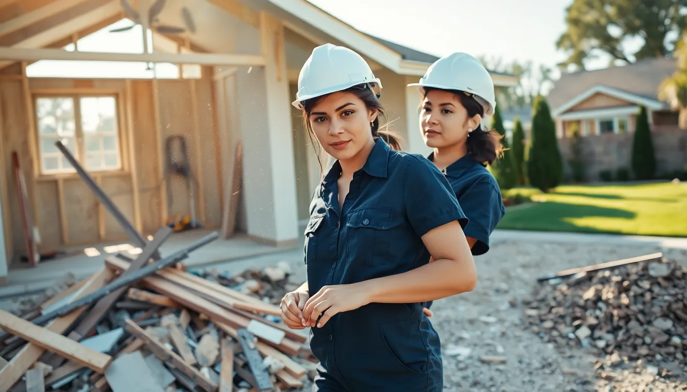 A contractor inspecting construction debris during a home renovation.