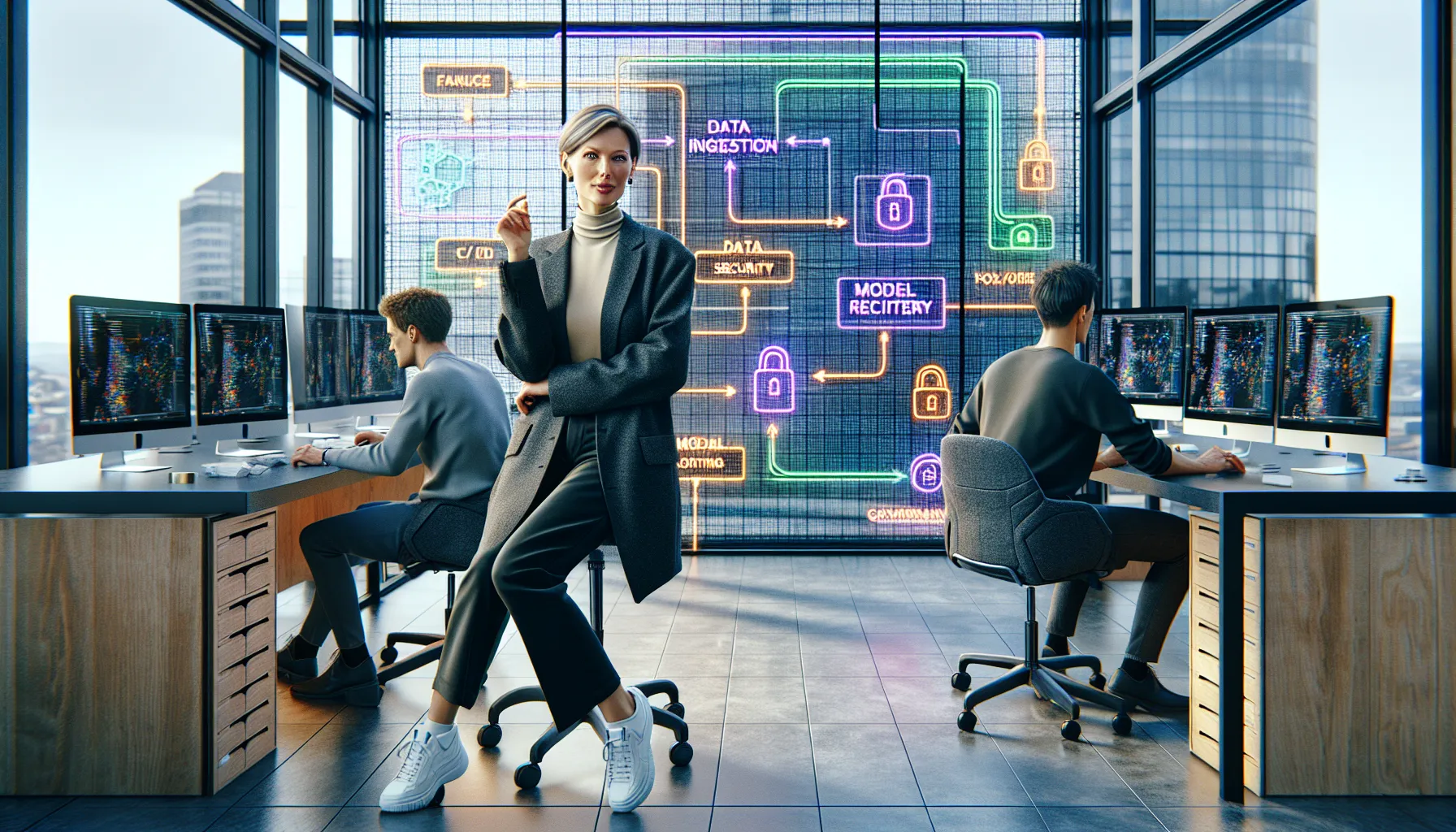 Ai team in an oslo office reviews sector dashboards and mlops architecture.