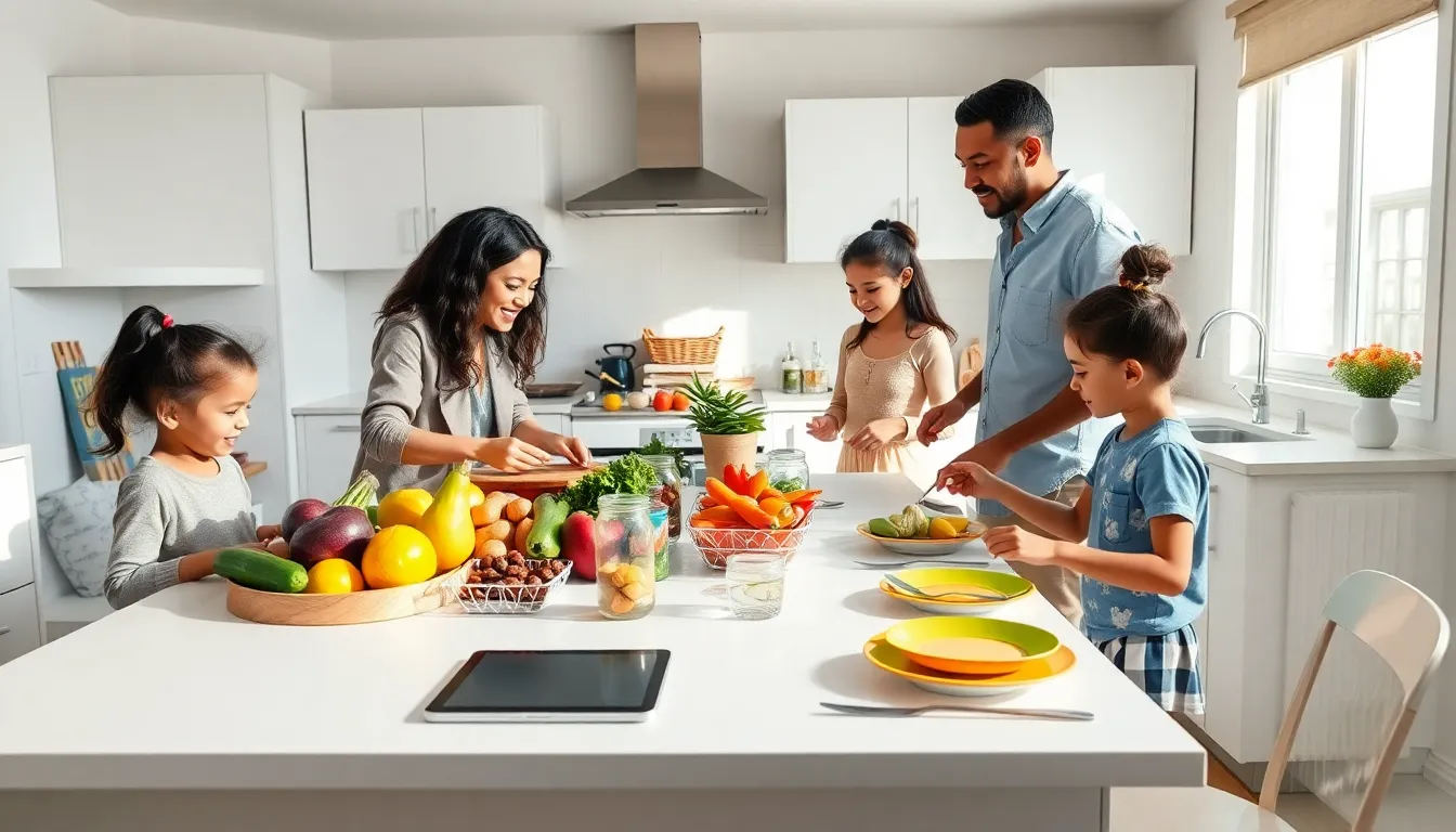 family preparing budget-friendly meals in a bright kitchen.