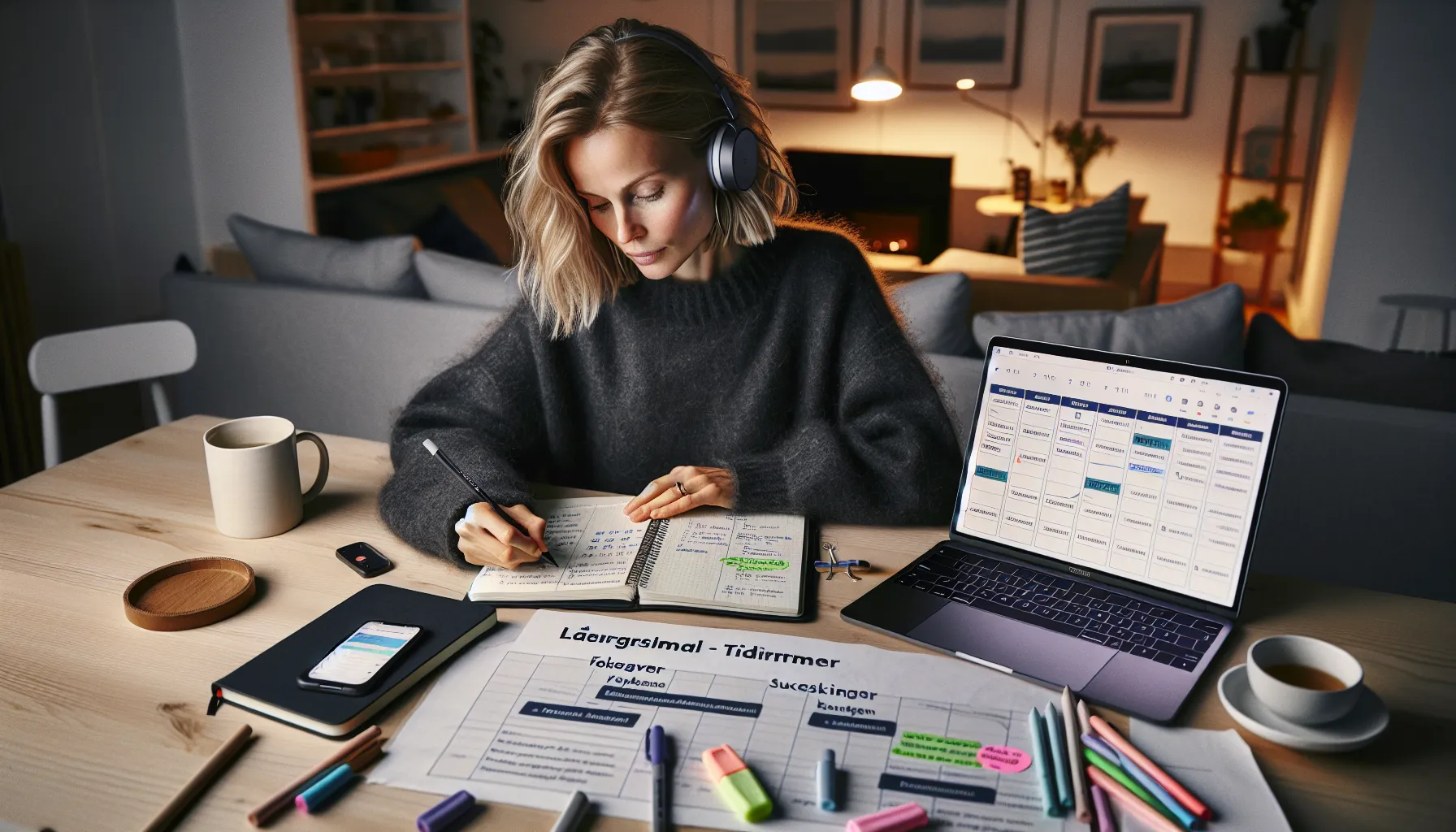 Hvordan kombinere videreutdanning med familieliv 2 Norwegian mother plans study goals and family calendar at a kitchen table.