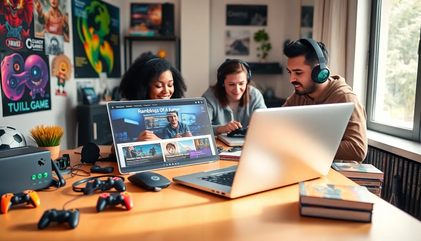 diverse gamers collaborating in a cozy workspace around a gaming blog.