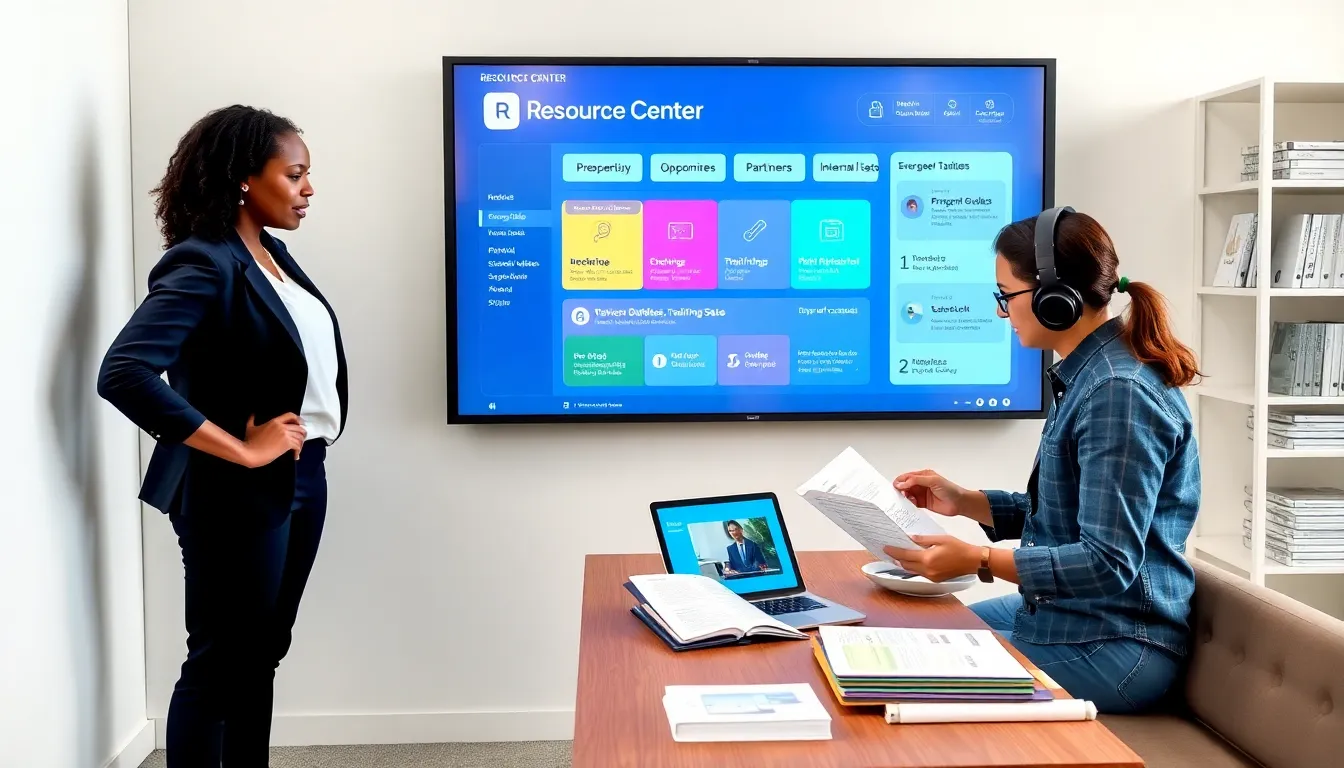 Product manager using an interactive office resource center dashboard with team members.
