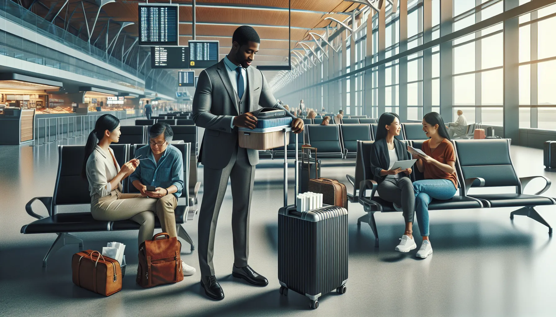 traveler packing food in an airport setting.