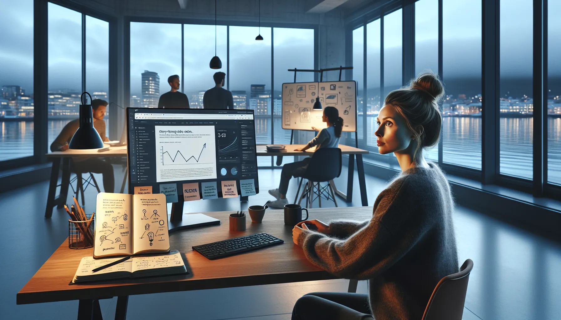 Norwegian marketer crafting storytelling-based seo content while tracking engagement metrics on screens.