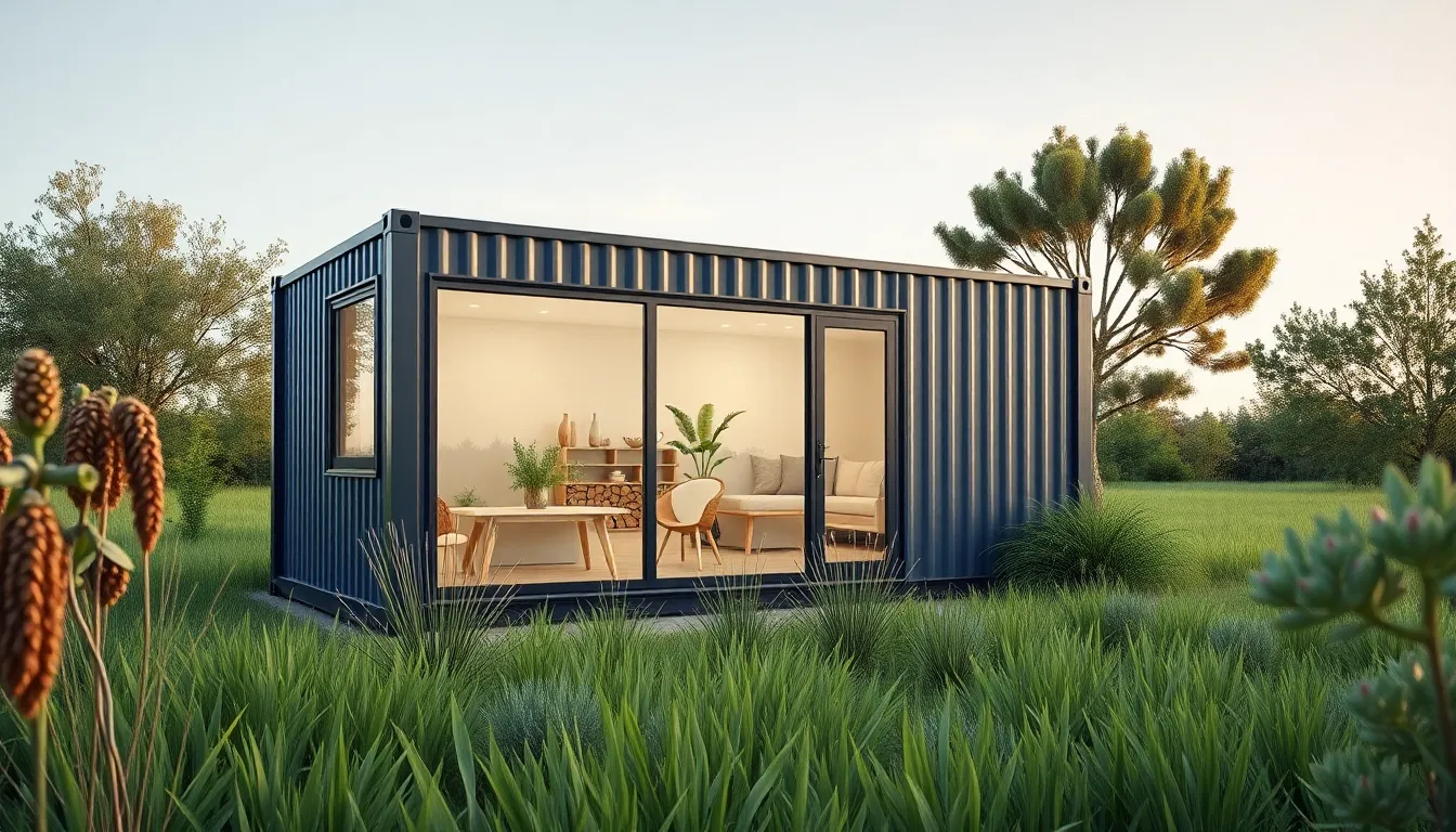 A modern tiny container home in a green landscape.