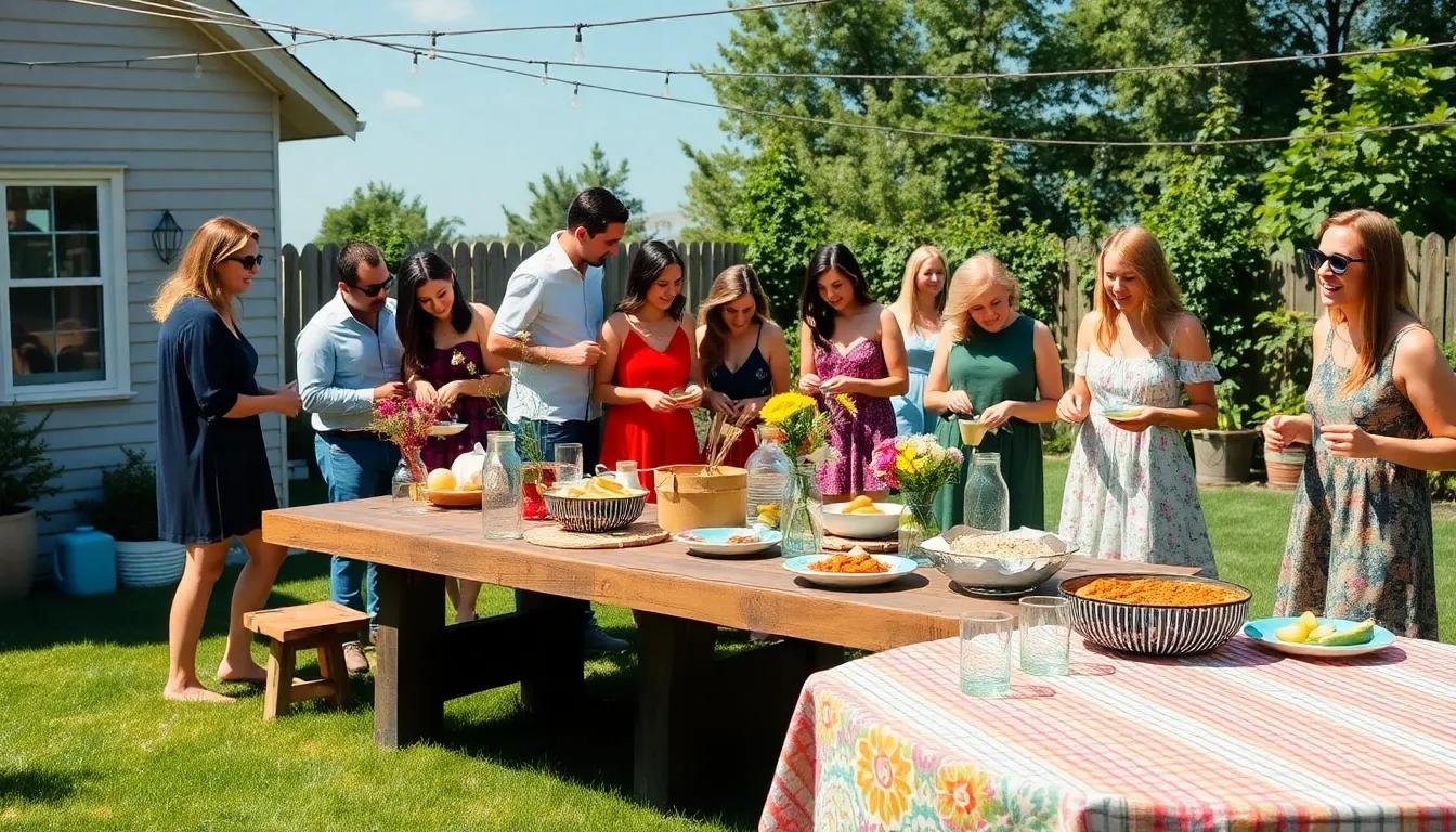 A joyful backyard party with diverse friends celebrating thrifty events.