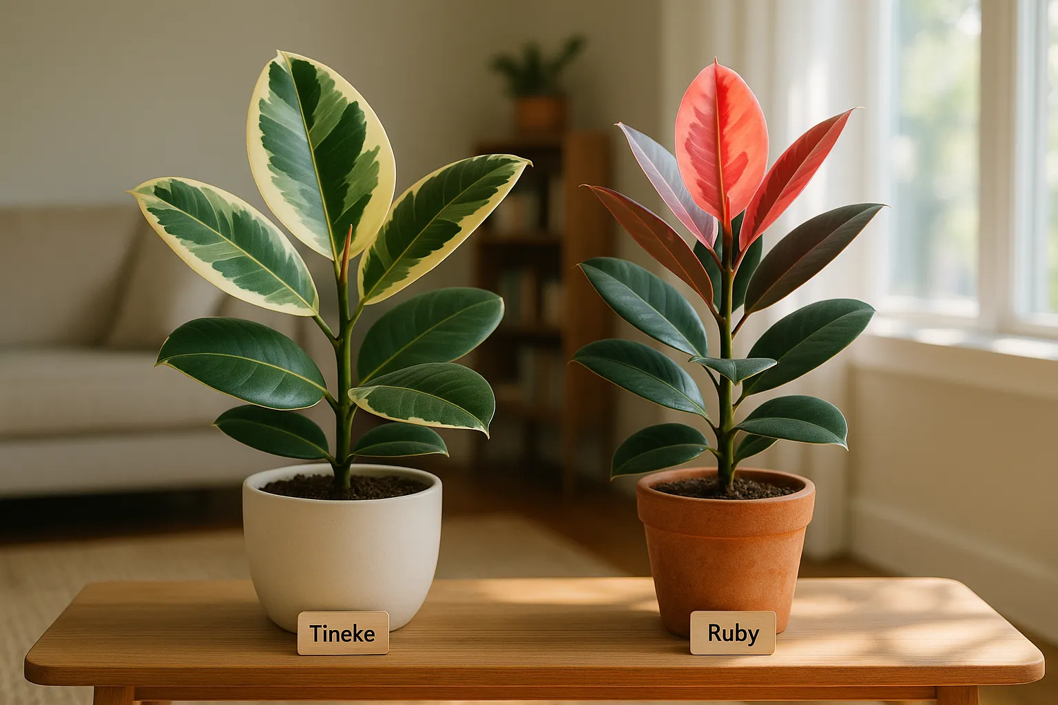 Two potted rubber plants, Tineke with cream variegation and Ruby with pink new leaves.