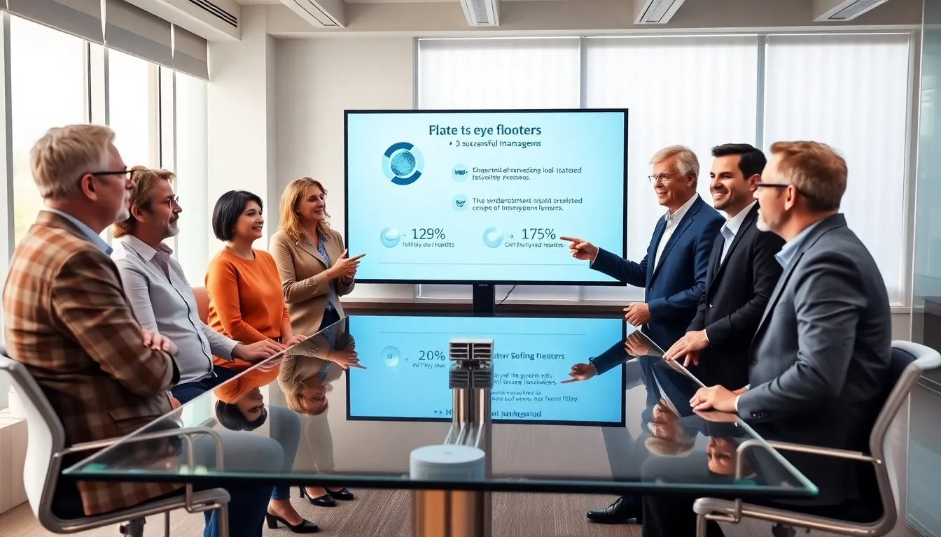 diverse group discussing eye floaters solutions in a modern office.