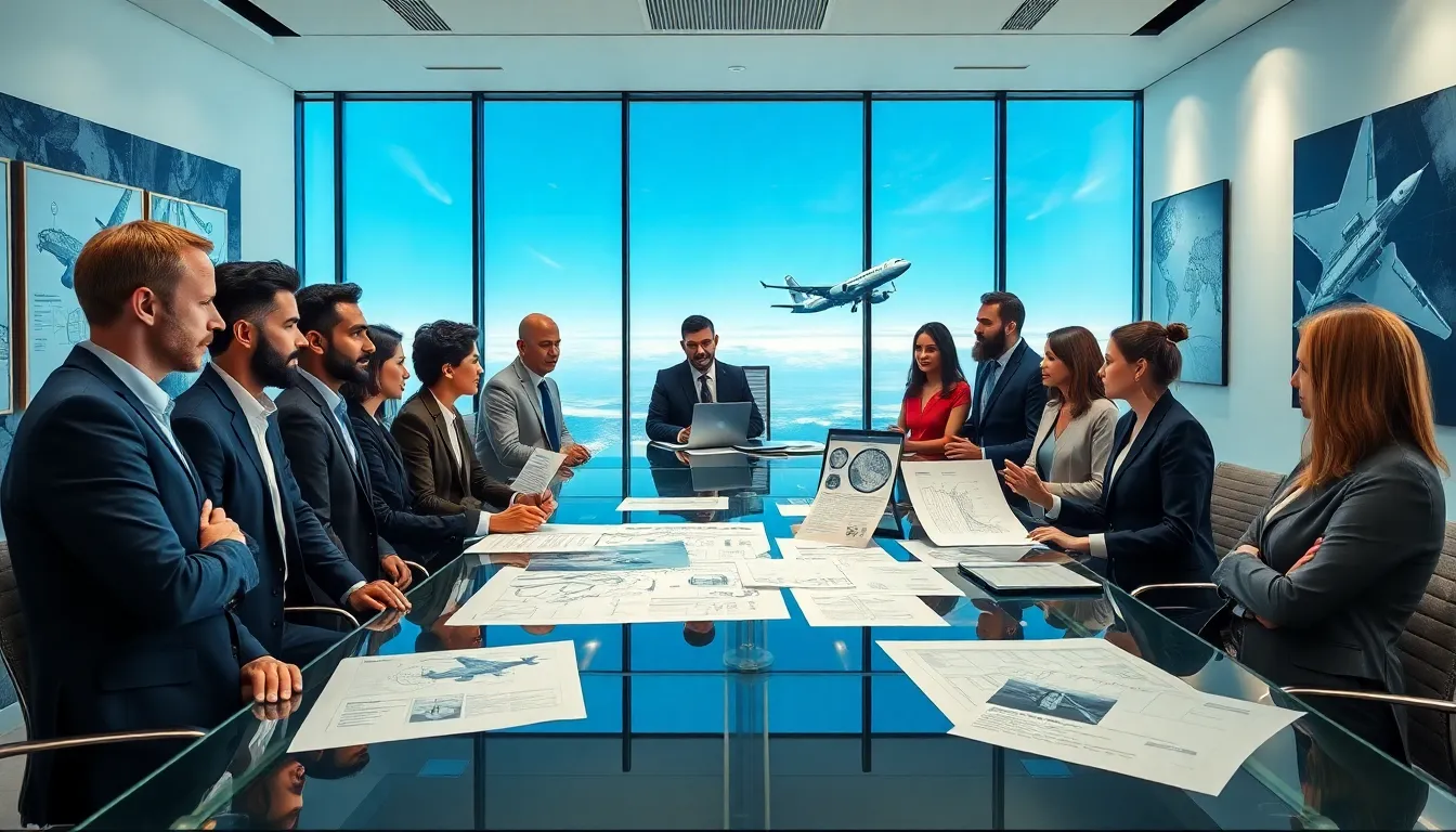 professionals collaborating on aviation and space technology in a modern office.