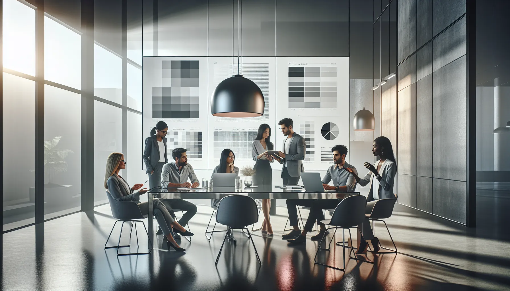 diverse team collaborating on digital color design in a modern office.