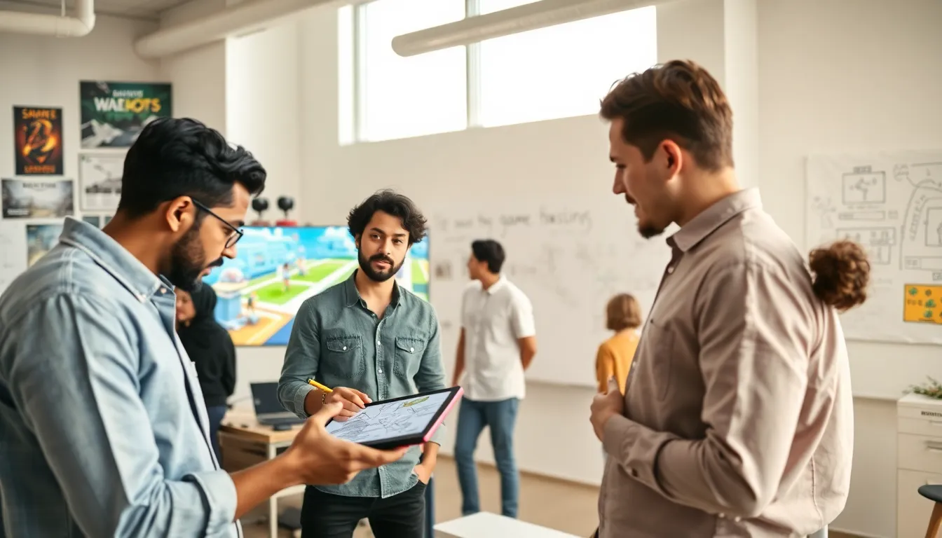 diverse team collaborating on game design concepts in a modern office.