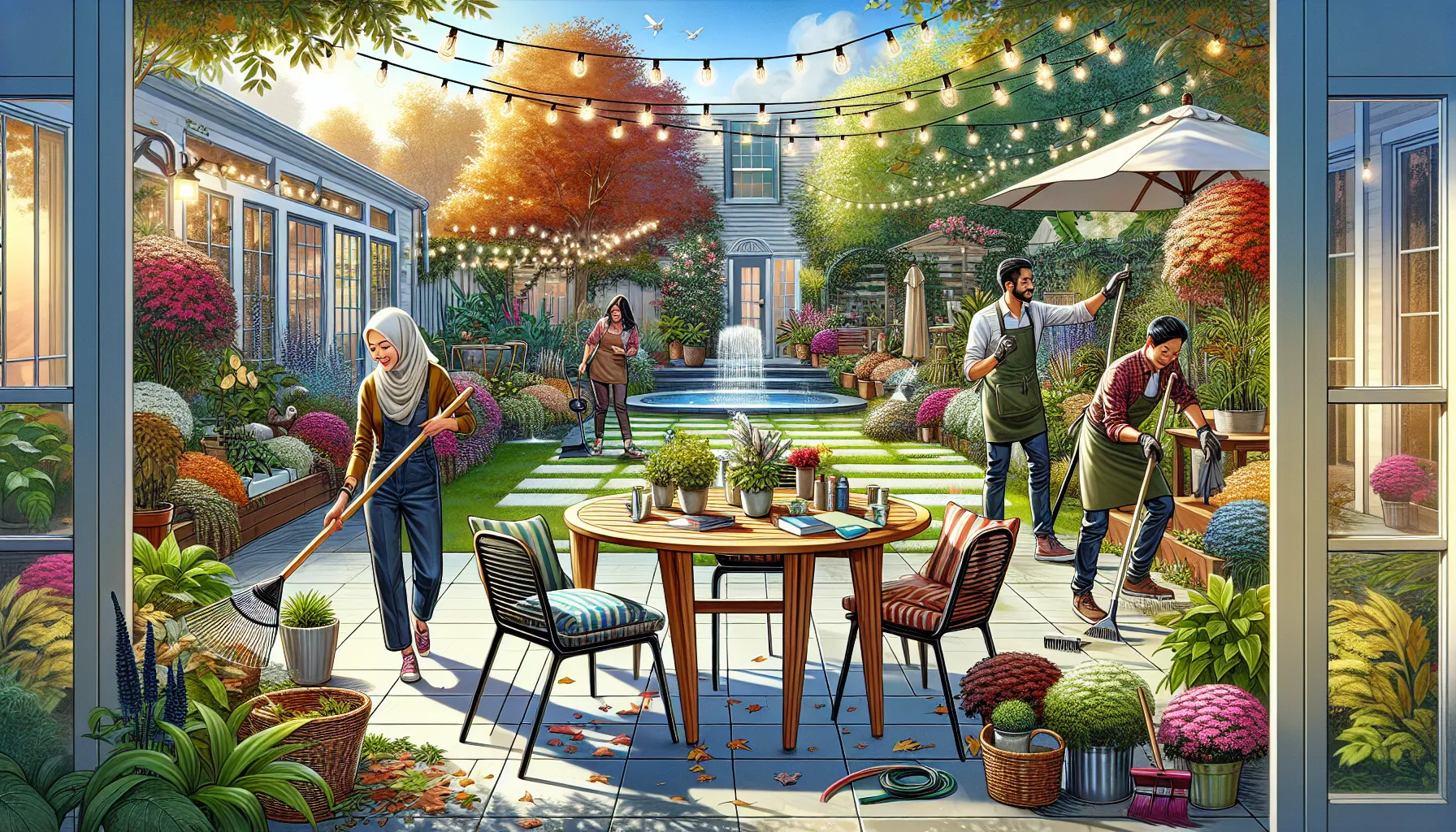 diverse team maintaining a vibrant outdoor garden and patio.