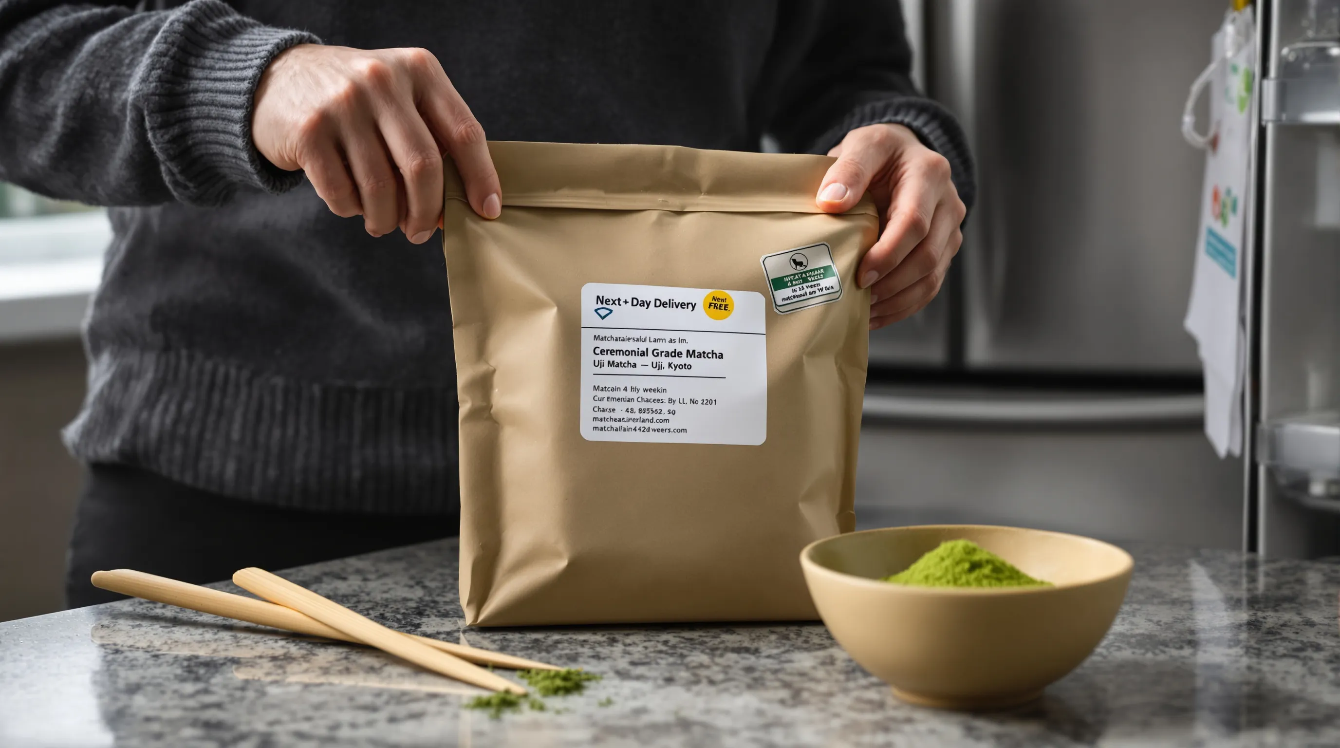 Hands unboxing fresh Uji matcha with next-day Irish delivery in a kitchen.
