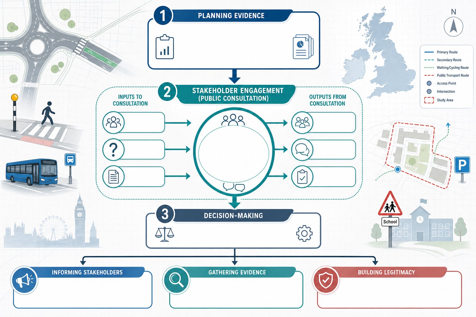 Infographic of structured public consultation in UK transport planning.