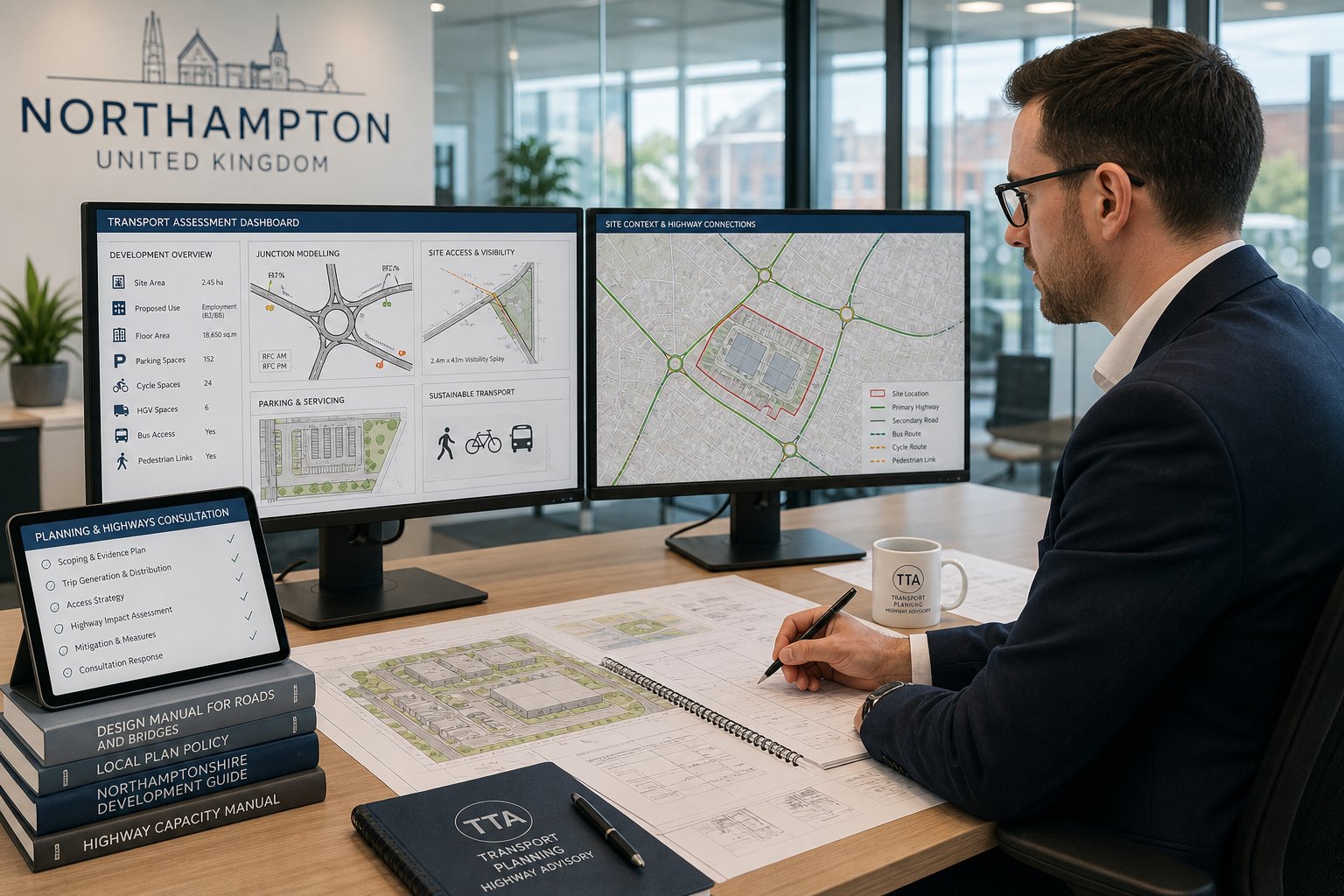 Traffic engineer reviewing planning and road access plans in a modern office.