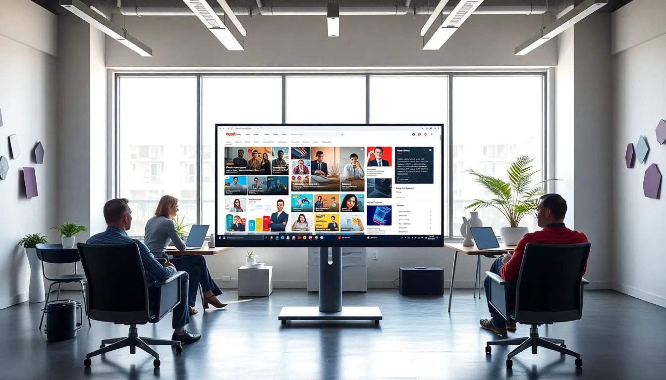 professionals engaging in a digital community forum in a modern office.