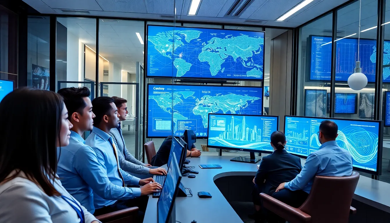 diverse team analyzing 5G and IoT technology in a modern control room.