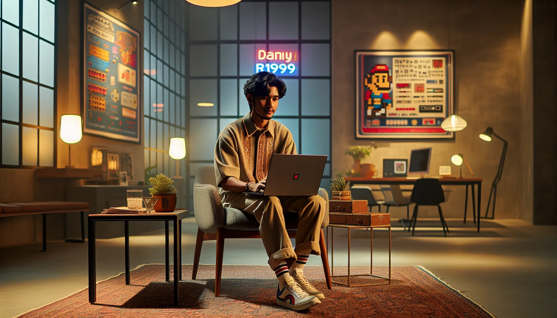 young adult in a modern workspace with nostalgic tech elements.