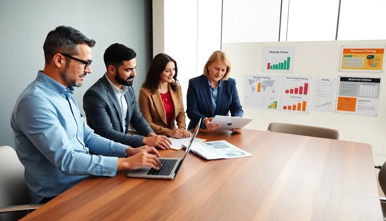 diverse team discussing retirement planning in a modern office.