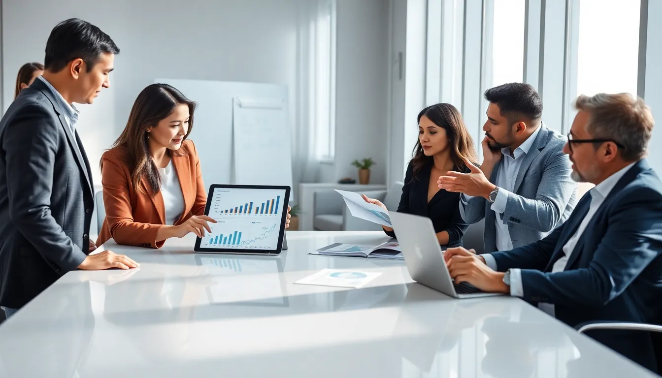 diverse team discussing financial concepts in a modern office.