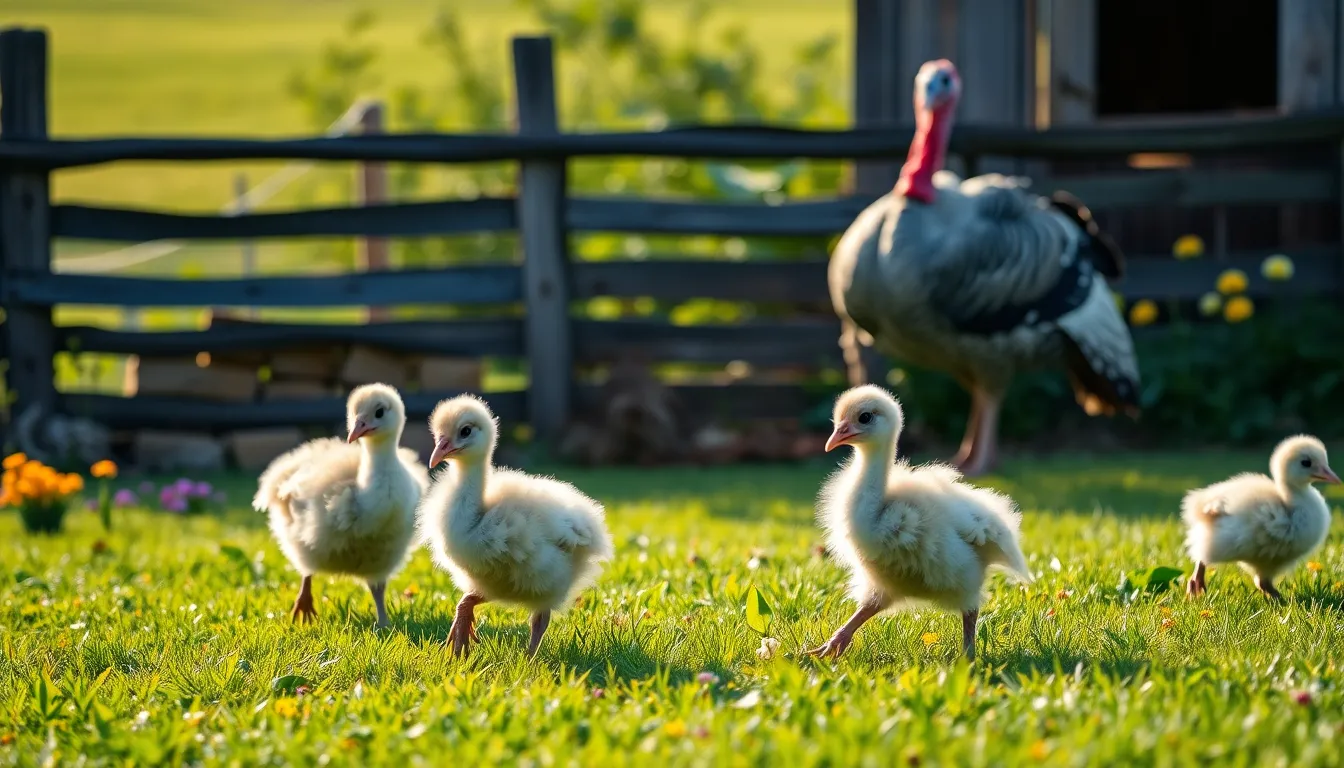fluffy turkey babies exploring a grassy farm setting.