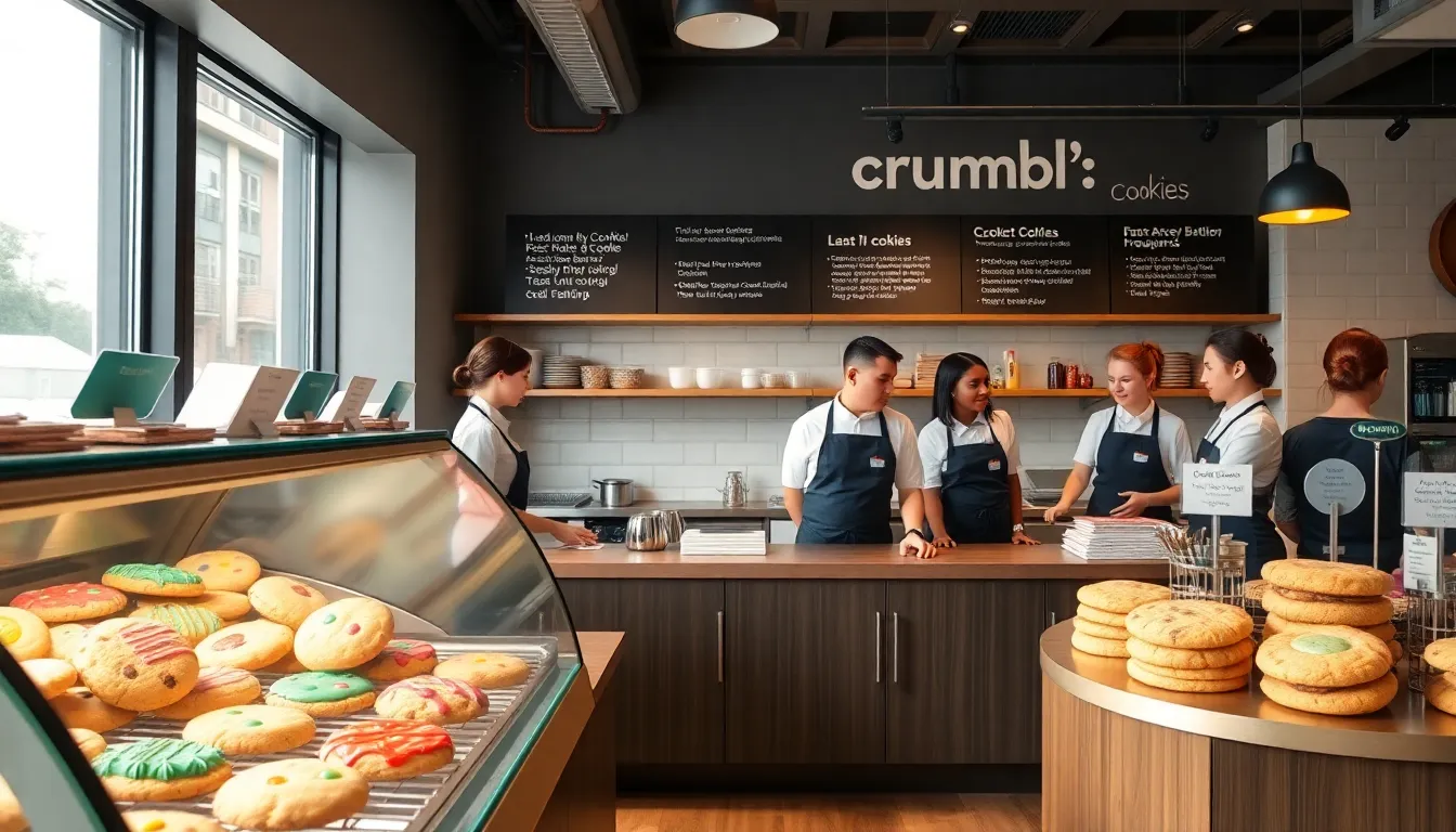 modern Crumbl Cookies store with fresh cookie displays and diverse bakers.