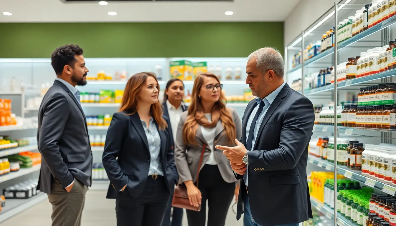 Professionals discussing herbal supplements in a modern health store.
