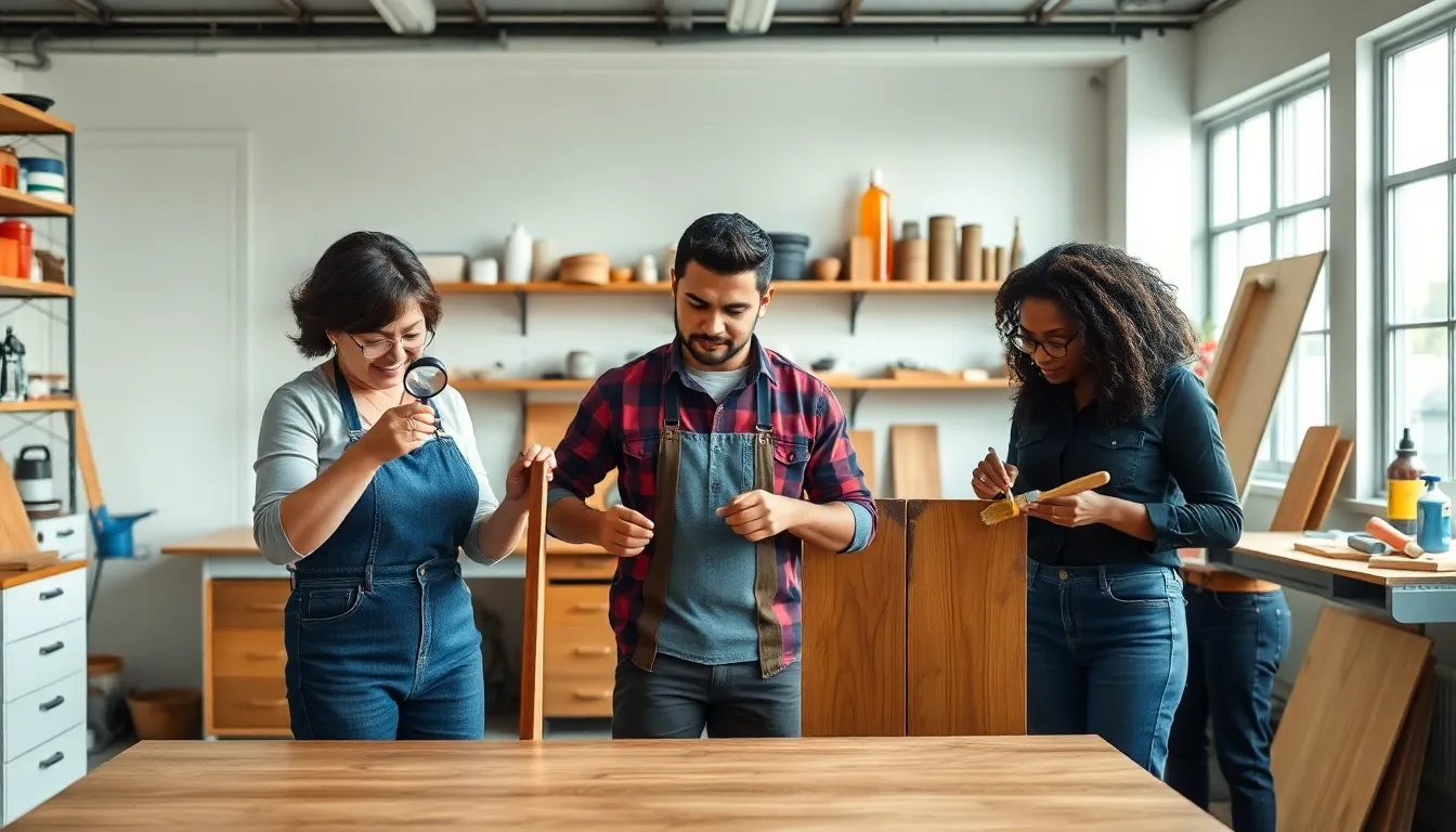 team working on furniture restoration in a modern workshop setting.