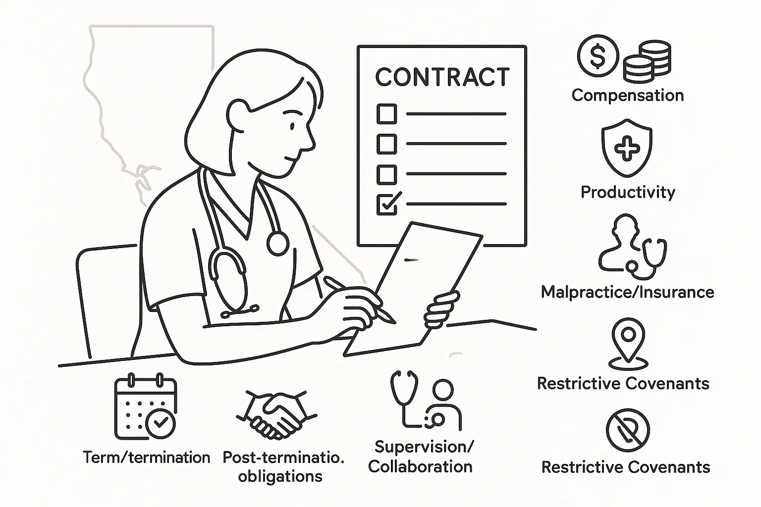 Nurse practitioner at desk reviewing a contract with legal and compensation icons.
