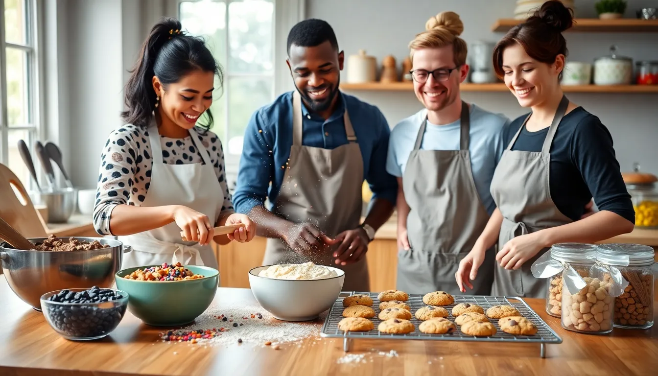diverse bakers joyfully making cookies in a sunlit kitchen.