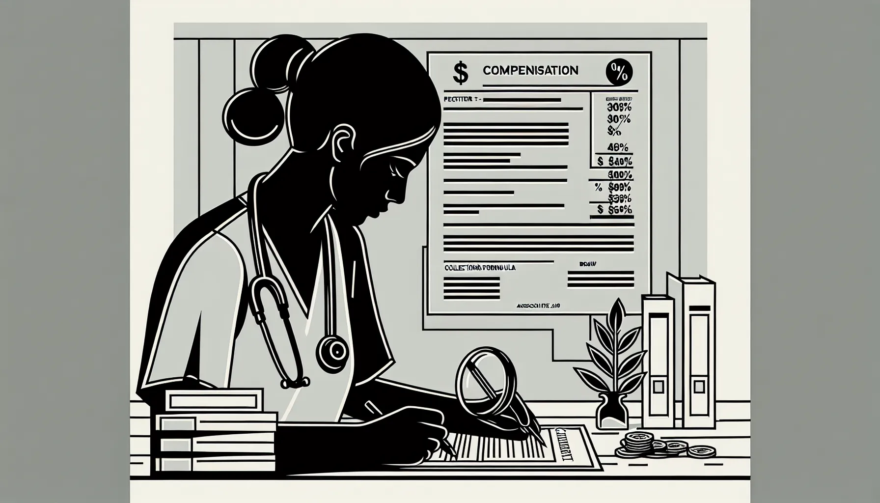 Veterinarian examining a compensation contract with charts and California outline.