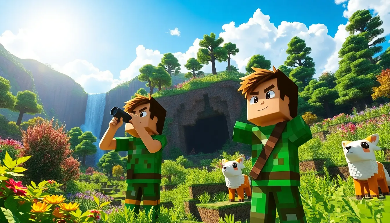 a player with a telescope in a lush Minecraft mountain biome.