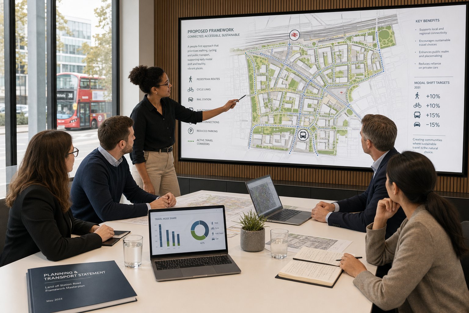 Transport consultants reviewing a UK development plan focused on sustainable travel.
